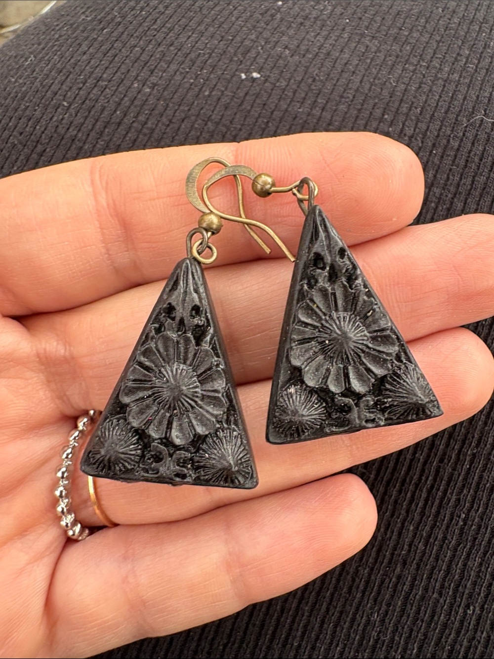 Handcrafted Black Floral Triangle Drop Earrings